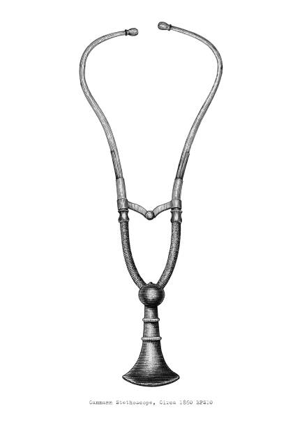 Vintage stethoscope hand drawing engraving style on white background