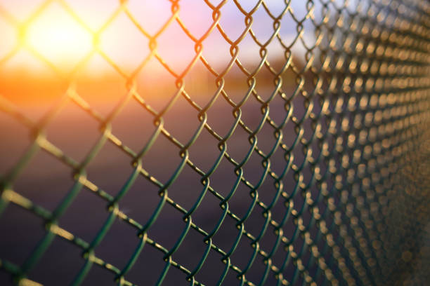 recinzione con griglia metallica in prospettiva - topics barbed wire fence chainlink fence foto e immagini stock