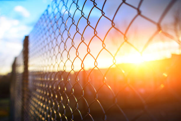 clôture avec grille métallique en perspective - green fence chainlink fence wall photos et images de collection