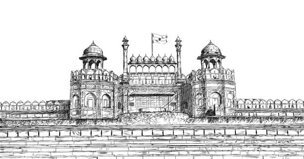 빨간 요새, 뉴델리, 인도-상세한 벡터 스케치 그림 - india new delhi architecture monument stock illustrations