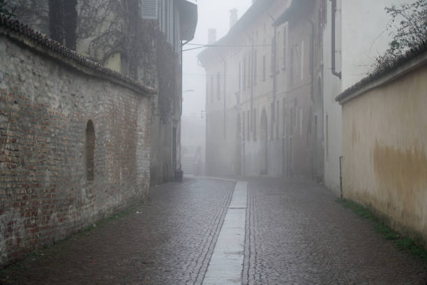 mistyczna ulica w mieście, mglisty dzień we włoszech - street light fog morning country road zdjęcia i obrazy z banku zdjęć