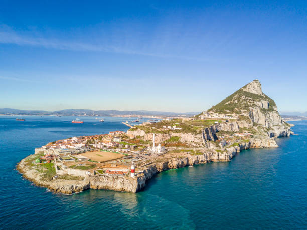 Famous Gibraltar is an oversea British territory bordering Sapin, Iberian Peninsula Famous Gibraltar rock on oversea British territory, Gibraltar, Iberian Peninsula, Europe gibraltar photos stock pictures, royalty-free photos & images