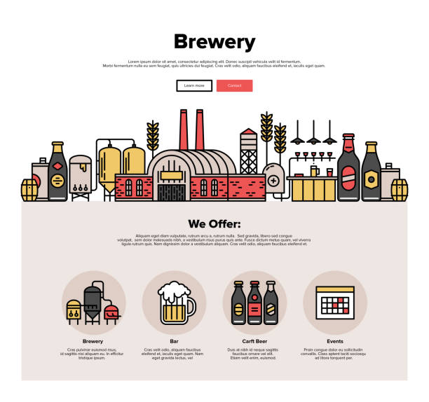 Brewery production flat line web graphics One page web design template with thin line icons of family brewery factory production, beer brewing process, traditional beer crafting. Flat design graphic hero image concept, website elements layout. brewery stock illustrations