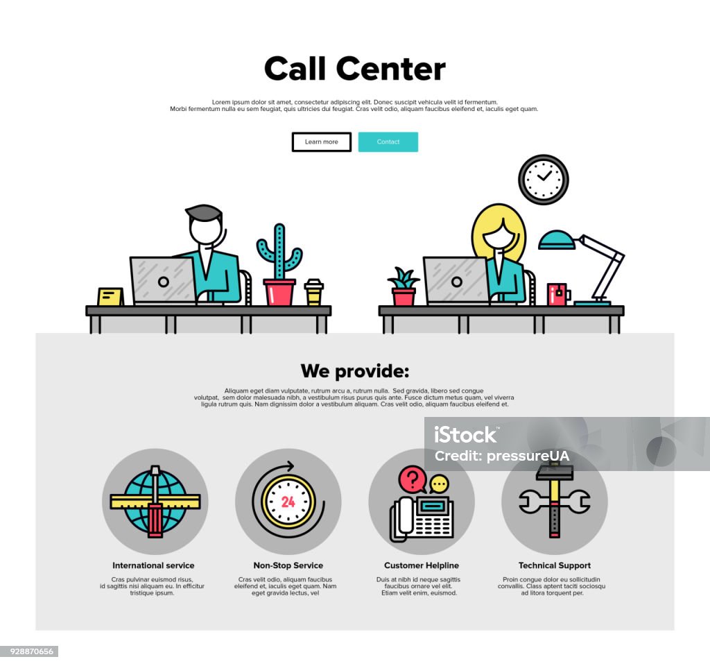 Call center flat line web graphics One page web design template with thin line icons of call center support, customer service helpline operator, business solution provider. Flat design graphic hero image concept, website elements layout. Call Center stock vector