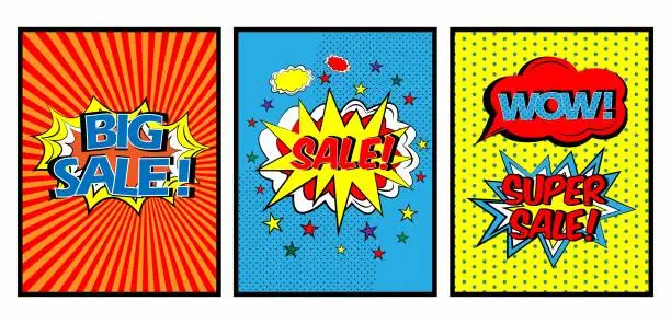 Vector illustration of Colorful Pop art comic sale discount promotion banner, Big sale template with speech bubble, clouds beams and halftone background. Vector illustration