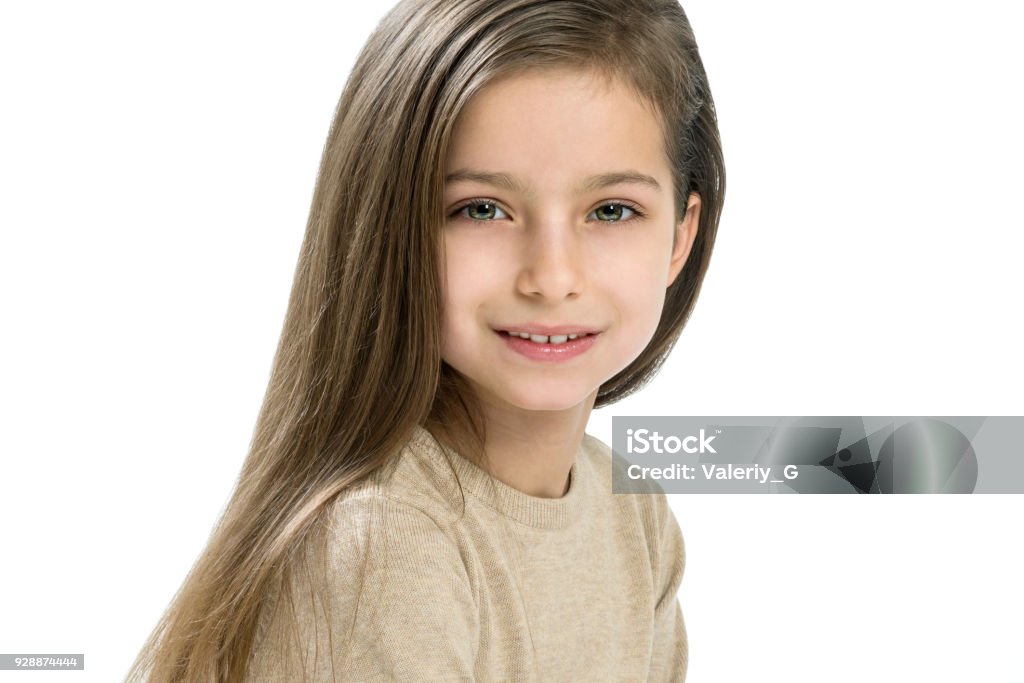 Caucasian Girl Child 78 Years Old With Long Straight Hair On White  Background Copy Space Stock Photo - Download Image Now - iStock