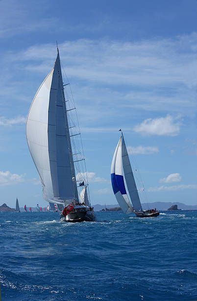 A group of sail boats anchored in a bay off the coast of Honolulu, Hawaii on an early winter morning.