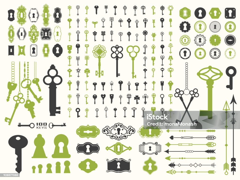 Vector illustration with design illustrations for decoration. Big silhouettes set of keys, locks, arrows, illustrations on white background. Vintage style Vector illustration with design illustrations for decoration. Big silhouettes set of keys, locks, arrows, illustrations on white background. Vintage style. Key stock vector