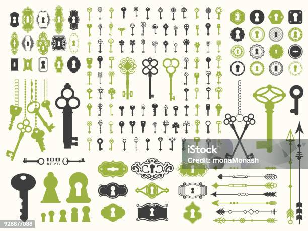 Vector Illustration With Design Illustrations For Decoration Big Silhouettes Set Of Keys Locks Arrows Illustrations On White Background Vintage Style Stock Illustration - Download Image Now