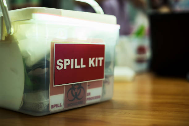 Emergency spill kit wall signs in box for use in Laboratory in Thailand. stock photo