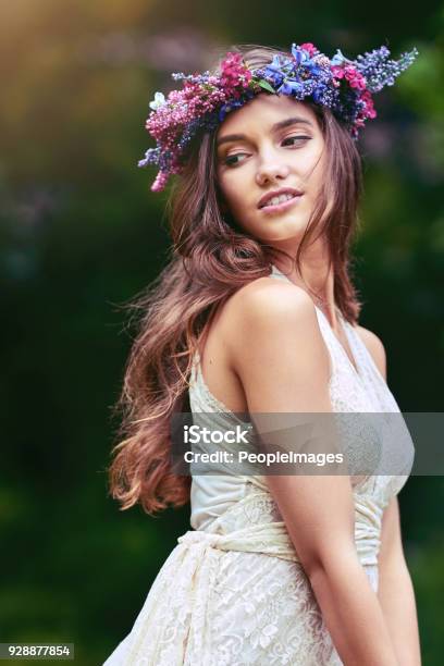 Its A Beautiful Thing To Be Happy In Your Skin Stock Photo - Download Image Now - Floral Crown, Women, One Woman Only