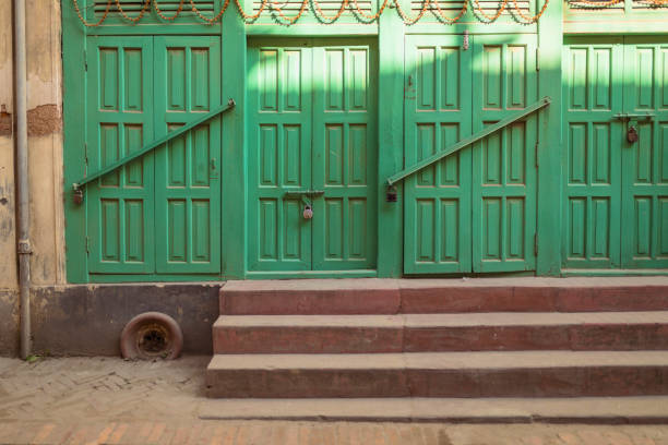 Closed Wood shop Door with lock in Nepal.