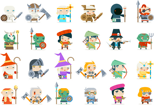 Set fantasy rpg game heroes villains character minions vector icons flat design vector illustration