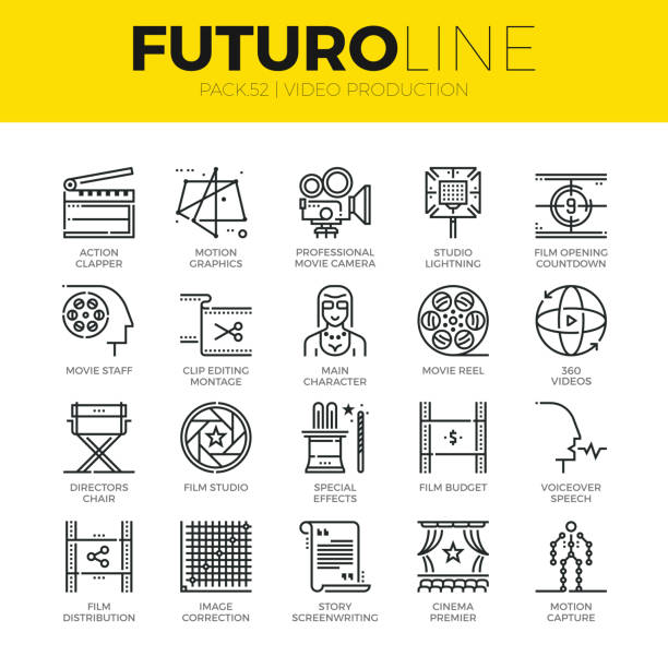 Video Production Futuro Line Icons Unique thin line icons set of video studio production, motion effects. Premium quality outline symbol collection. Modern linear pictogram pack of metaphors. Stroke vector logo concept for web graphics. movie sound clips stock illustrations