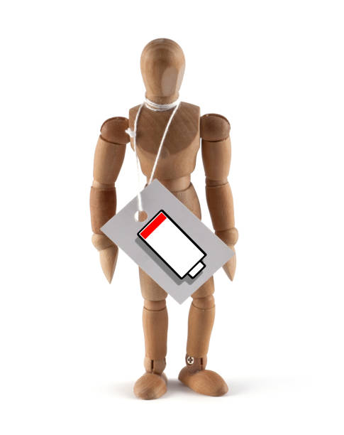 istock Wooden mannequin without energy, burnout, depression - label on neck 928895126