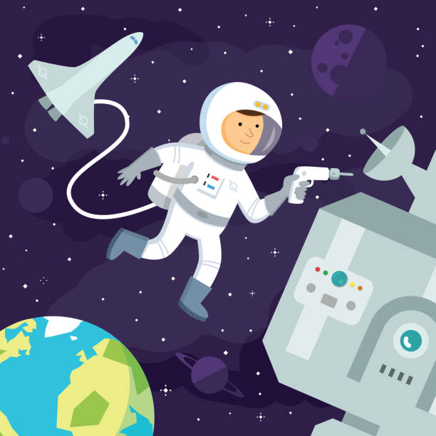 Astronaut makes repairs in Space vector art illustration