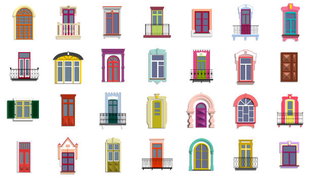 illustrations, cliparts, dessins animés et icônes de ensemble de vecteur de plat vintage portes décoratives colorées, des fenêtres, des balcons. - retro revival outdoors close up europe