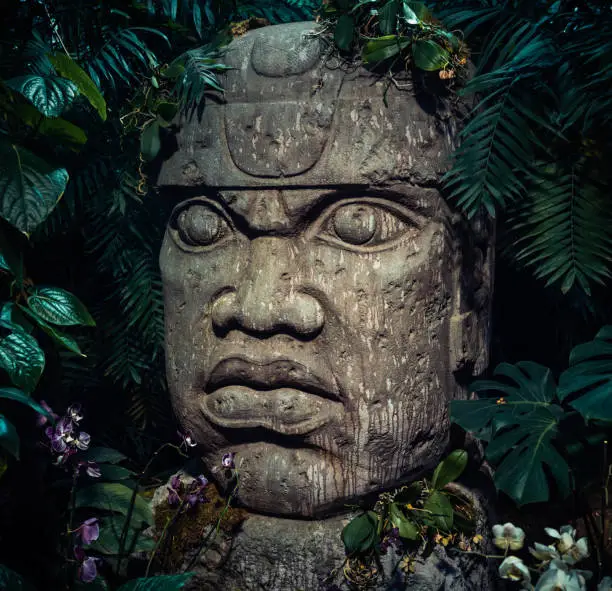 Photo of Olmec sculpture carved from stone. Big stone head statue in a jungle