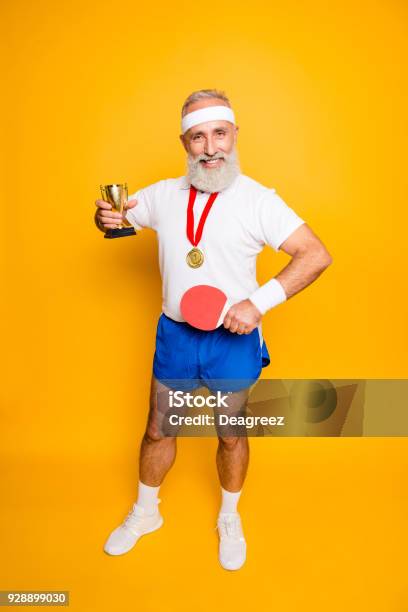 Competetive Cool Healthy Modern Successful Active Grandpa With Table Tennis Equipment Healthcare Weight Loss Bodycare Lifestyle Motivation Activity Pride Hobby Stock Photo - Download Image Now