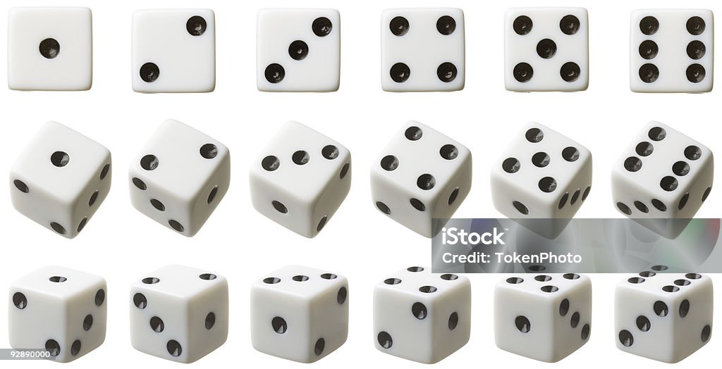 3 rows of white dice each set at different angles A set of dice. Dice Stock Photo