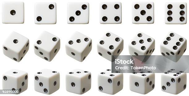 3 Rows Of White Dice Each Set At Different Angles Stock Photo - Download Image Now - Dice, Cut Out, Leisure Games