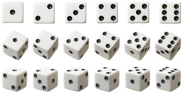Photo of 3 rows of white dice each set at different angles