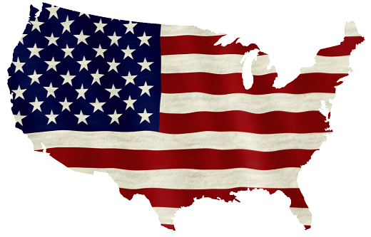 Waving flag of the United States of America overlaid on detailed outline map isolated on white background