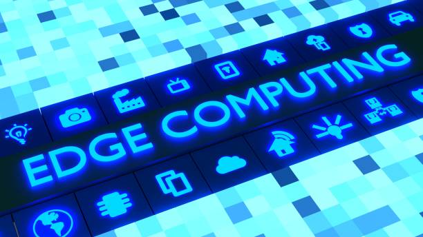 istock Glowing cubic landscape with the word edge computing surrounded by symbols 928912654