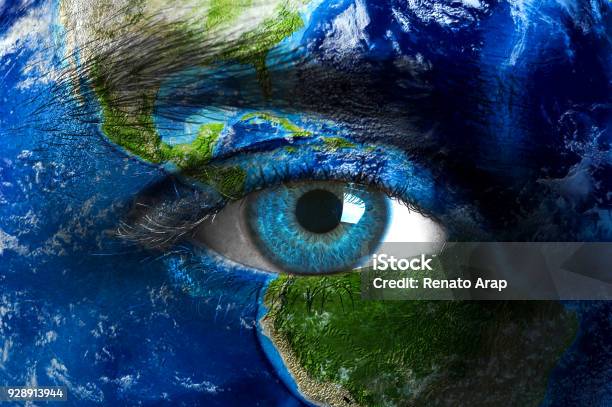 Planet Earth And Blue Human Eye Stock Photo - Download Image Now - Globe - Navigational Equipment, Planet Earth, Dirt