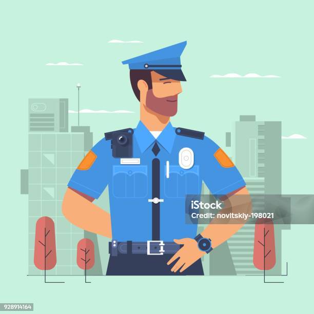 Police Officer Man Of Police Force Standing Full Face In Uniform Of Policeman Stock Illustration - Download Image Now