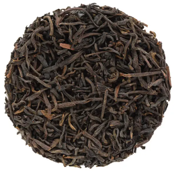 Super Grade Liubao Dark Tea in round shape isolated overhead view