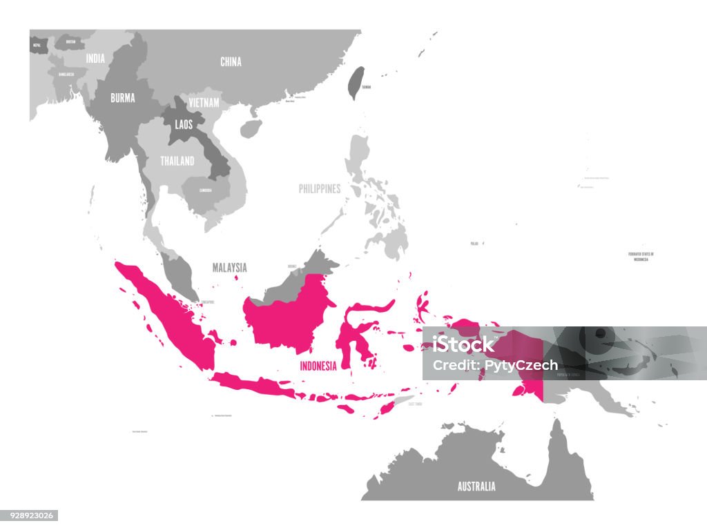 Carte de vecteur de l’Indonésie. Rose a mis en évidence dans la région de l’Asie du sud-est - clipart vectoriel de Carte libre de droits