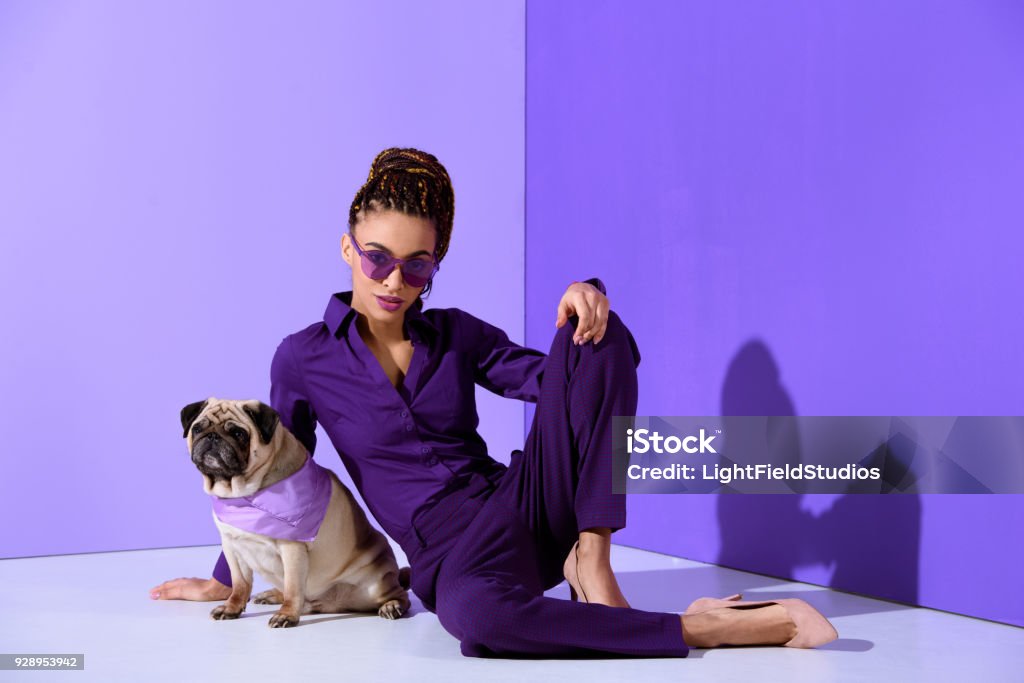 fashionable african american girl posing in purple suit with pug, ultra violet trend Fashion Stock Photo