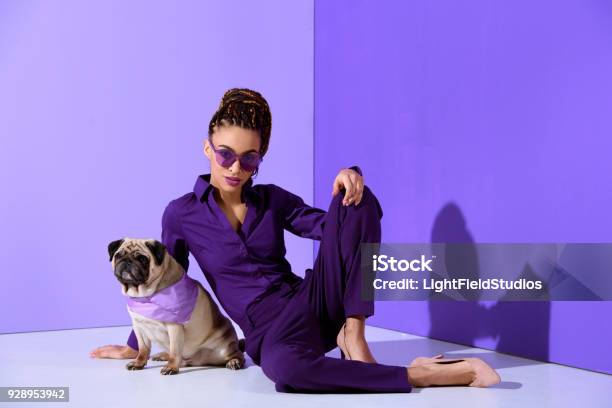 Fashionable African American Girl Posing In Purple Suit With Pug Ultra Violet Trend Stock Photo - Download Image Now