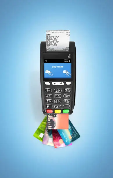 card payment terminal POS terminal with credit cards and receipt top view isolated on blue gradient background 3d render