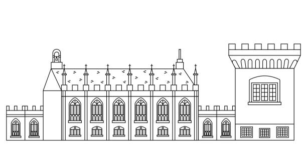 더블린 성곽-아이 랜드 정부 기록 타워와 채 플 로얄 복잡 한. 인기 있는 관광 명소 그리고 라인 디자인에는 아일랜드의 showplaces. 요새 및 교회 개요 스타일에서의 그림입니다. - irish culture audio stock illustrations
