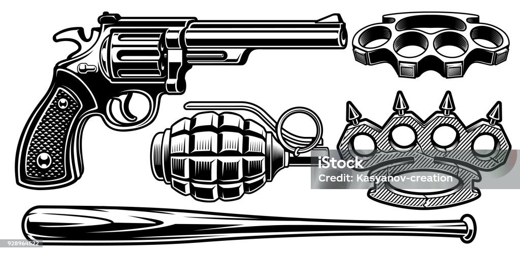 Set of black and white illustrations of different weapons. Set of black and white illustrations of different weapons. Isolated on white background. Baseball Bat stock vector