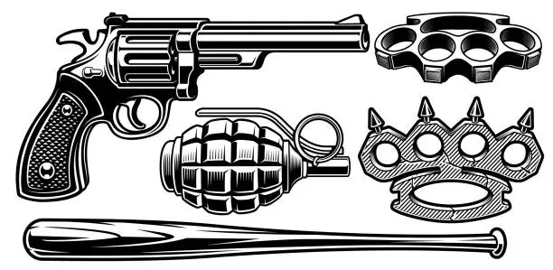 Vector illustration of Set of black and white illustrations of different weapons.