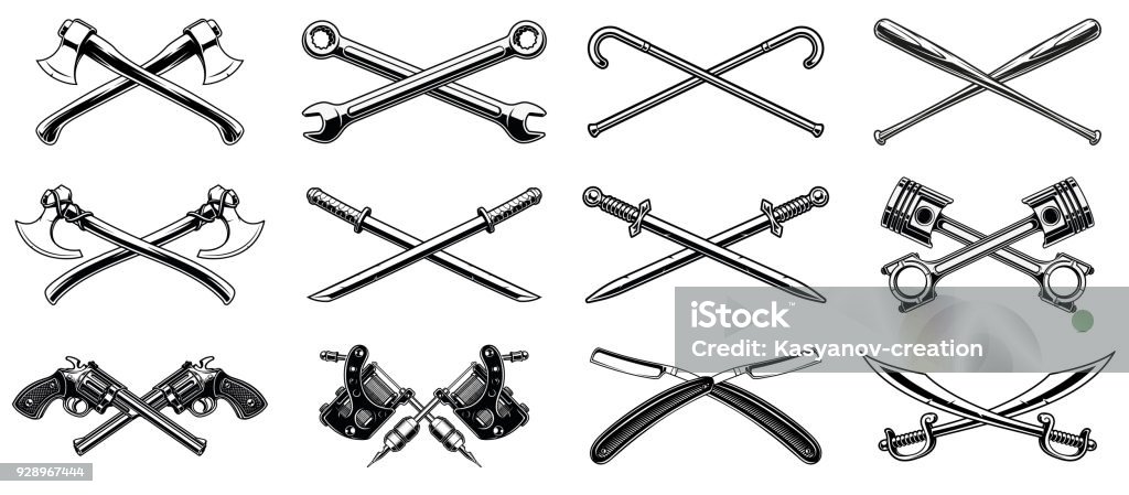 Set of different crossed design elements. Set of different crossed design elements with, axes, pistons, wrenches, guns, bats, and many other. Isolated on white background. Sword stock vector