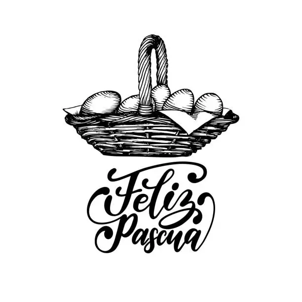 Vector illustration of Feliz Pascua translated from Spanish handwritten phrase Happy Easter in vector. Drawing of basket of paschal eggs.
