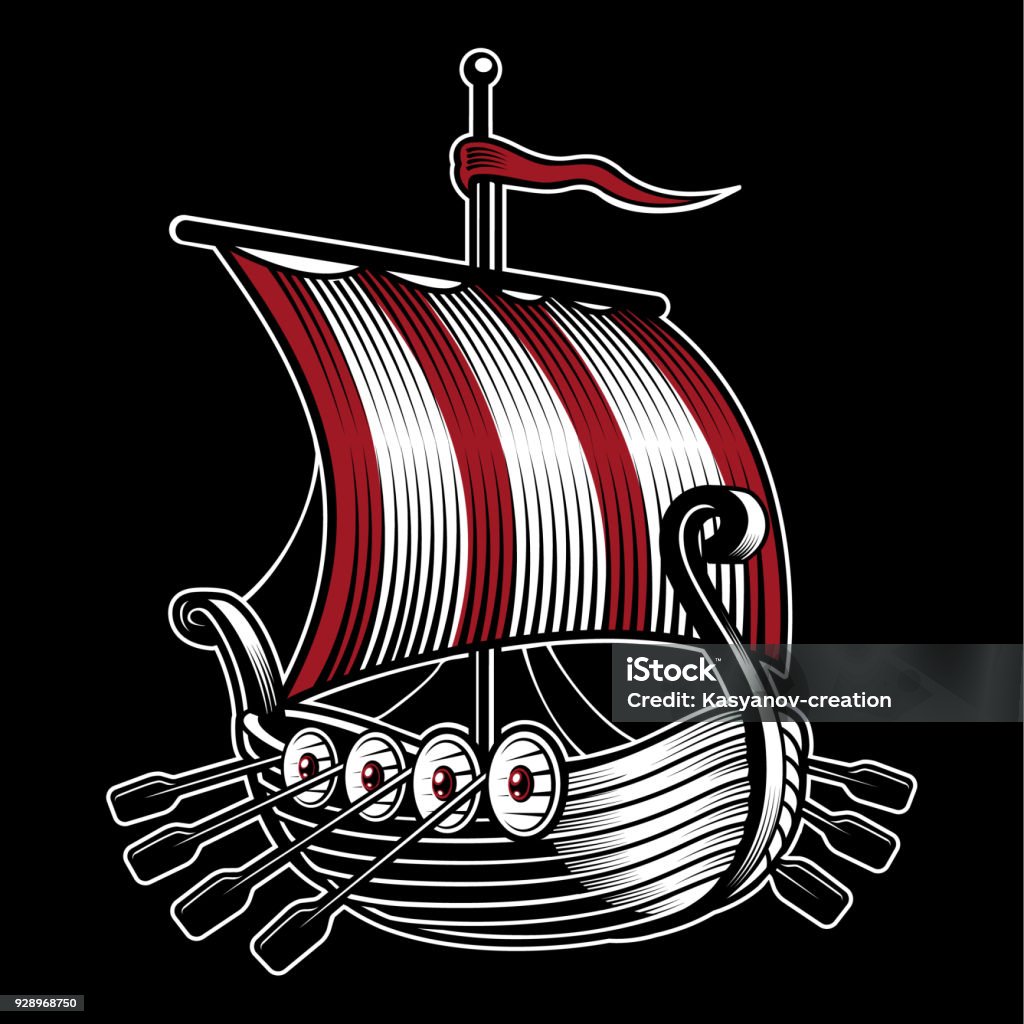 Vector illustration with ship of viking. Vector illustration with ship of viking . Isolated on dark background. Viking Ship stock vector