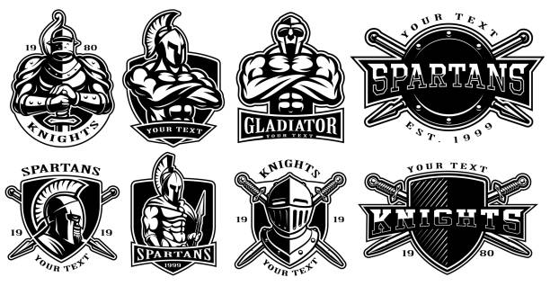 Set of badges with ancient warriors (for white background) Set of logos, badges with knights, gladiators, spartan warriors. Logo design for fight clubs, fitness center, gym. Text is on the separate layer. (VERSION FOR WHITE BACKGROUND) body building stock illustrations