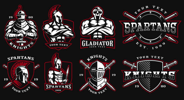 Set of badges with ancient warriors. Set of logos, badges with ancient warriors. vector illustration with knight, spartan and gladiator. Perfect for fitness center, gym and fight club. Text is on the separate layers. (Version for the dark background) spear icon stock illustrations