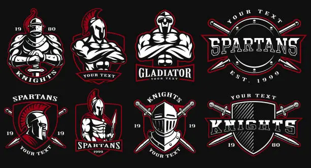 Vector illustration of Set of badges with ancient warriors.