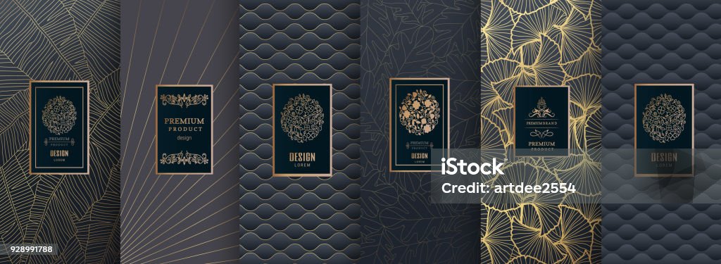 Collection of design elements, labels, icon, frames, for packaging, design of luxury products. for perfume, soap, wine, lotion.Made with golden foil.Isolated on silver and bronze background. vector illustration Label stock vector