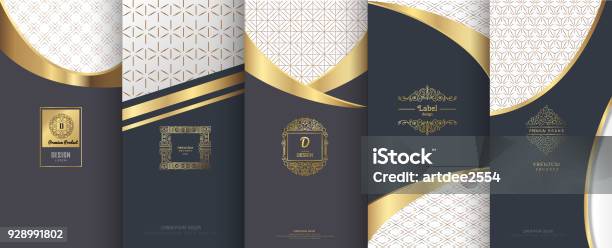 Collection Of Design Elements Labels Icon Frames For Packaging Design Of Luxury Productsfor Perfume Soap Wine Lotionmade With Golden Foil Isolated On Bronze And Geometric Background Vector Illustration Stock Illustration - Download Image Now