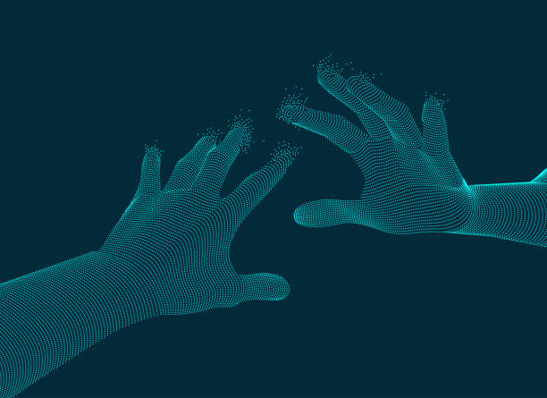 reaching hands graphic of two dotted hand reaching to each other, concept of virtual reality technology spiritual warfare stock illustrations