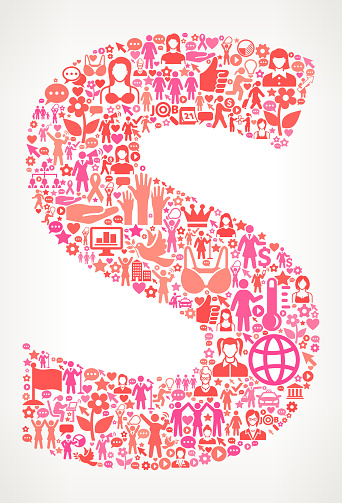Letter S Women's Rights Vector Icon Pattern. The outlines of the main shape are filled with various women's rights and girl power icons. The icons vary in size and in the shade of the pink color. They form a seamless pattern and work in unison to complete this composition. The individual icons include classic girl power imagery of women in various aspects of life and promote social equality and achievement.