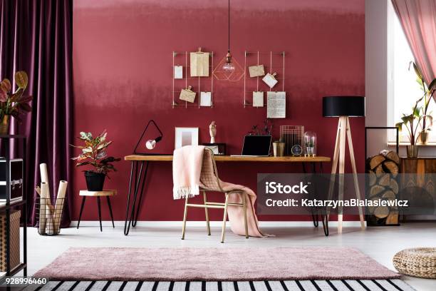 Cherry Home Office Interior Stock Photo - Download Image Now - Home Office, Red, Indoors