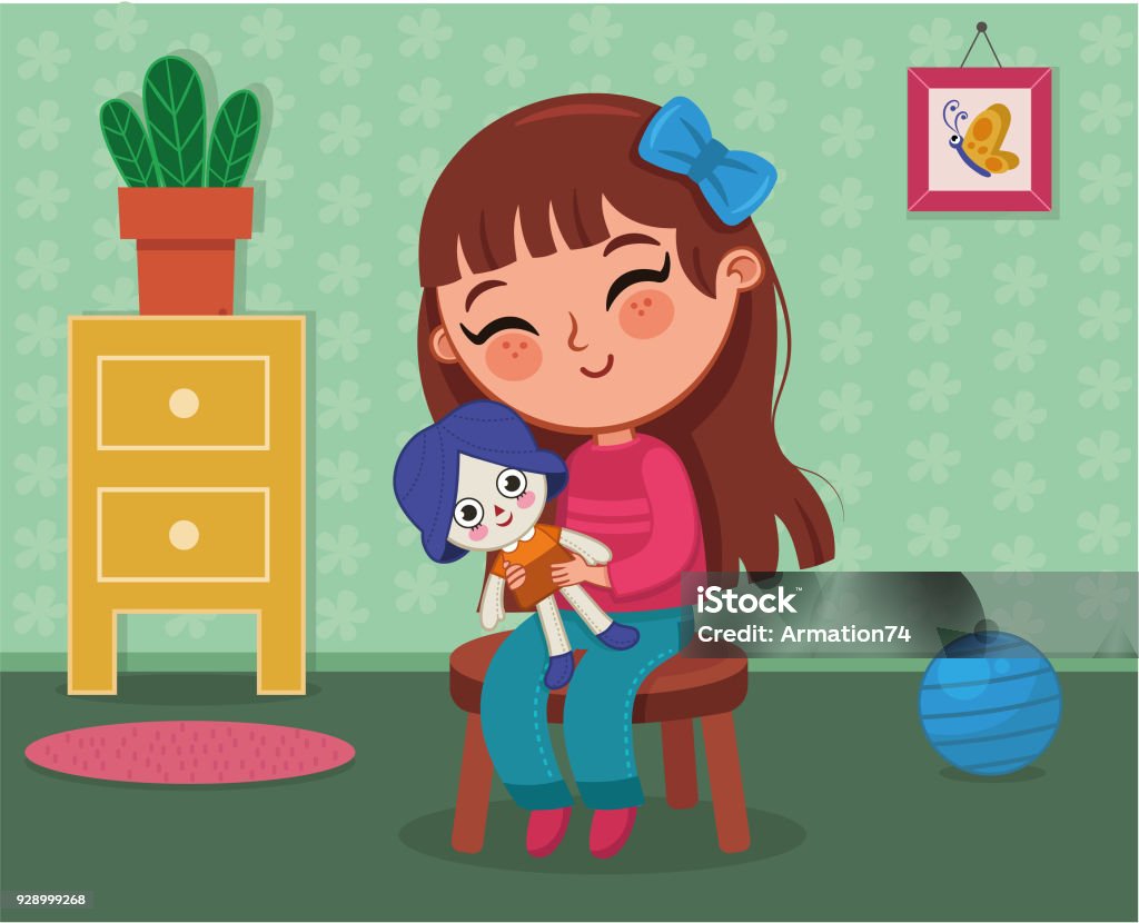 Girl playing with a doll Girl playing with a rag doll in her room (Vector illustration) Doll stock vector